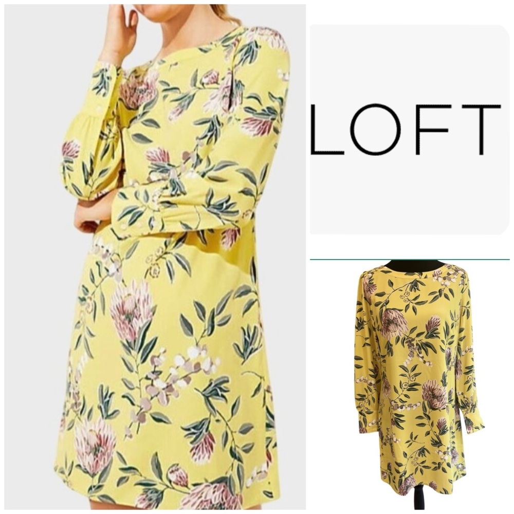 NWT LOFT Yellow and Pink Floral Long Sleeve Shift Dress